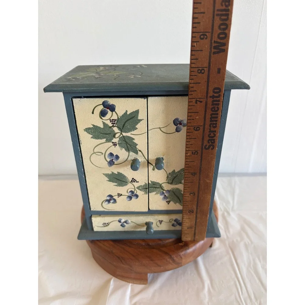 Vintage Hand Painted Wooden Cottagecore Jewelry Box Cabinet Floral Folk Art blue
